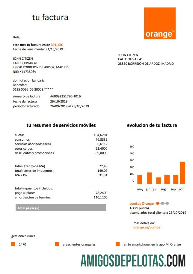 imprimível Modelo de fatura de serviços públicos fácil de preencher laranja da Espanha em formato Word e PDF